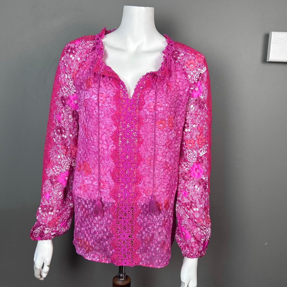 Elie Tahari top XS Fairy Sheer silk‎ pink ditsy floral boho embroidery lace silk